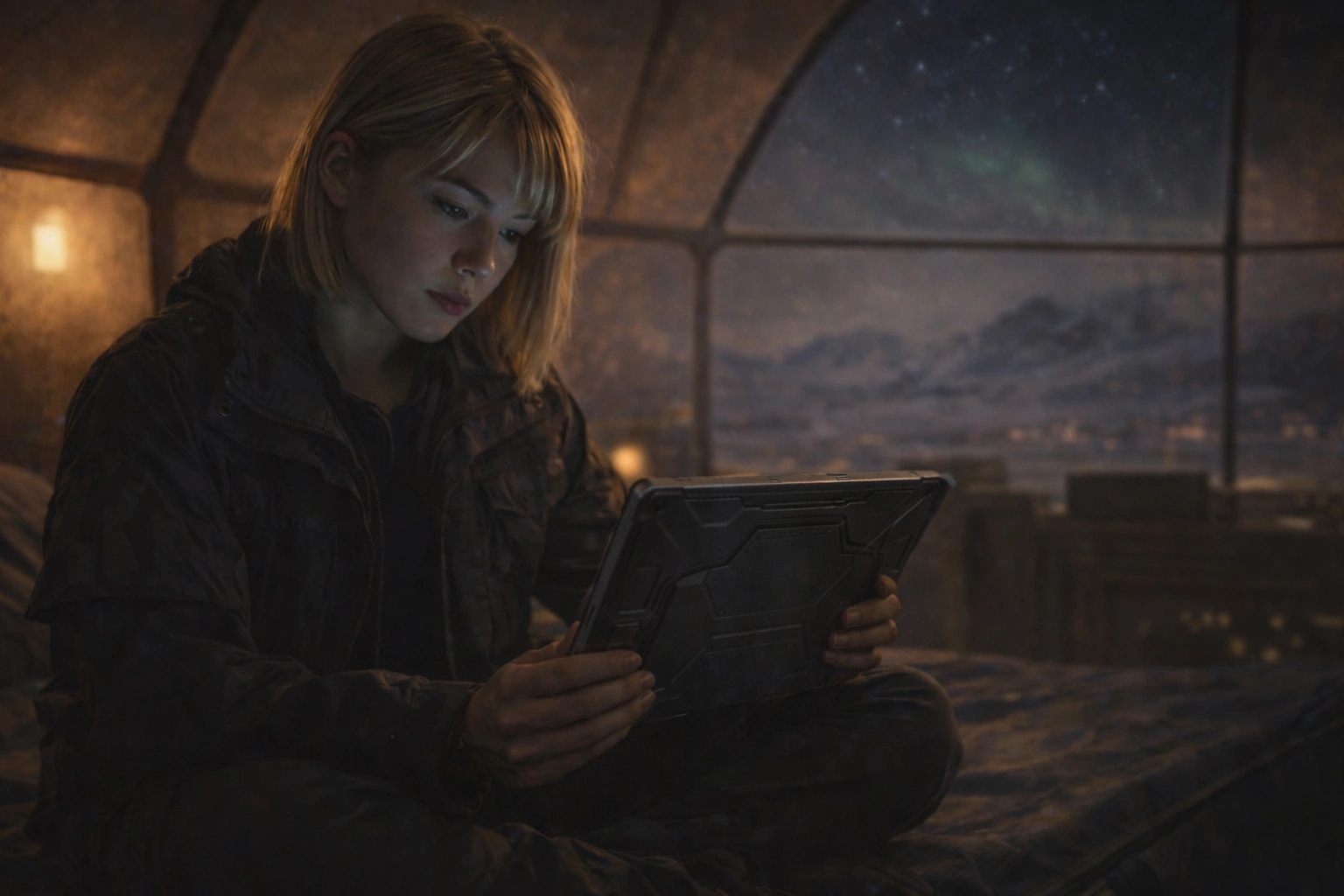 Alex Dandridge, seated cross-legged on a bed inside a Hyperborea housing dome, reading a tablet by lamplight with the aurora visible through the window behind her