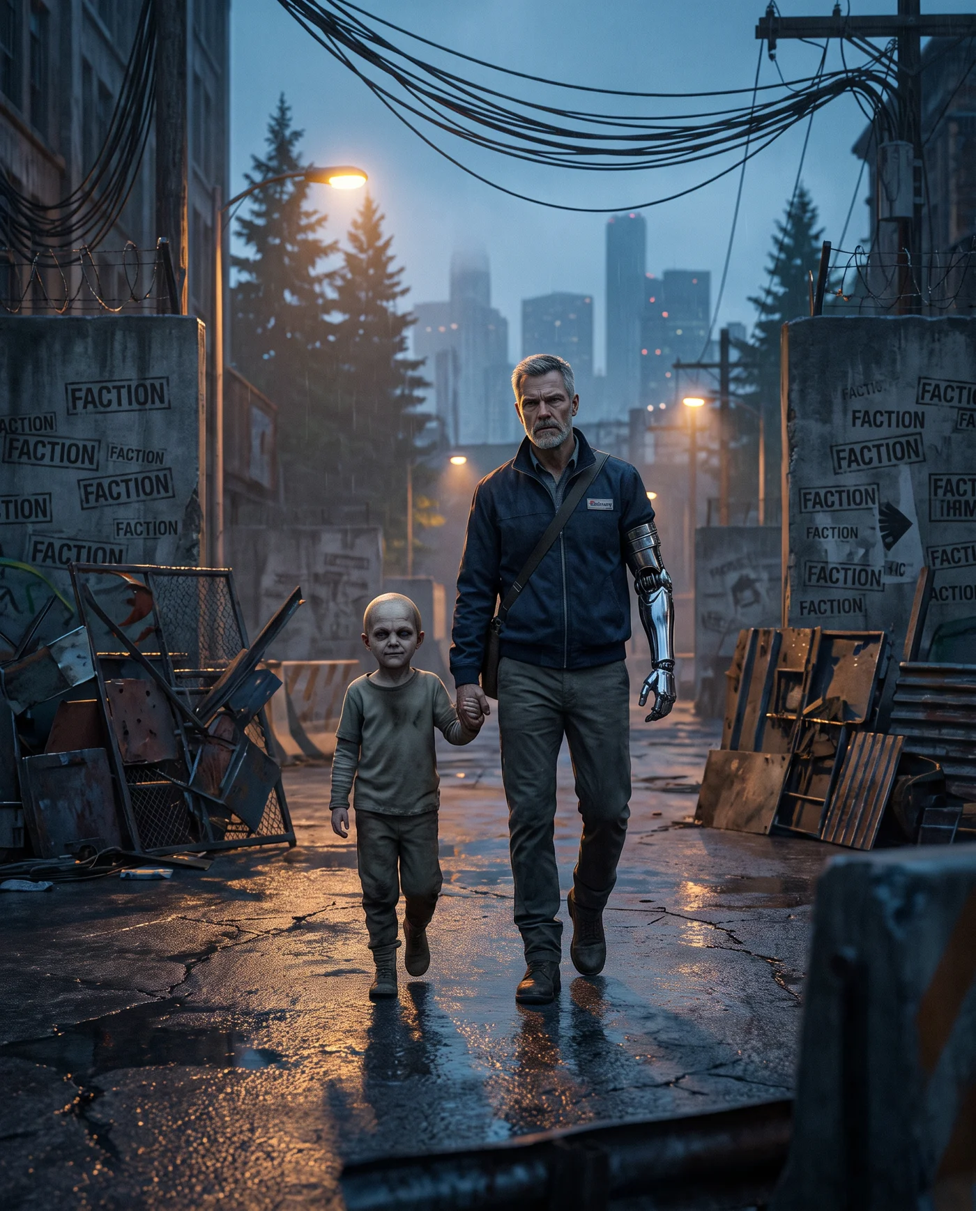 Benny Blanc, older with grey hair and a beard and a chrome Guardian arm, leading a strange, prematurely-aged child by the hand down a rain-slicked alley marked with rival faction stencils