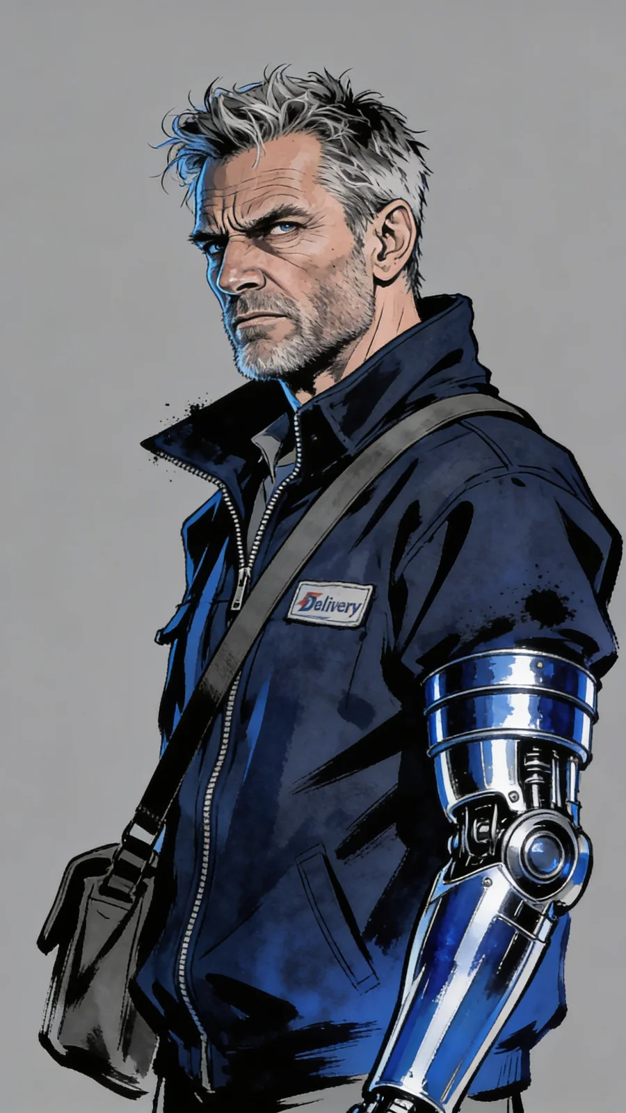 Benny Blanc, older with grey hair and a beard, in a blue delivery jacket with the Guardian arm visible, a satchel slung across his shoulder