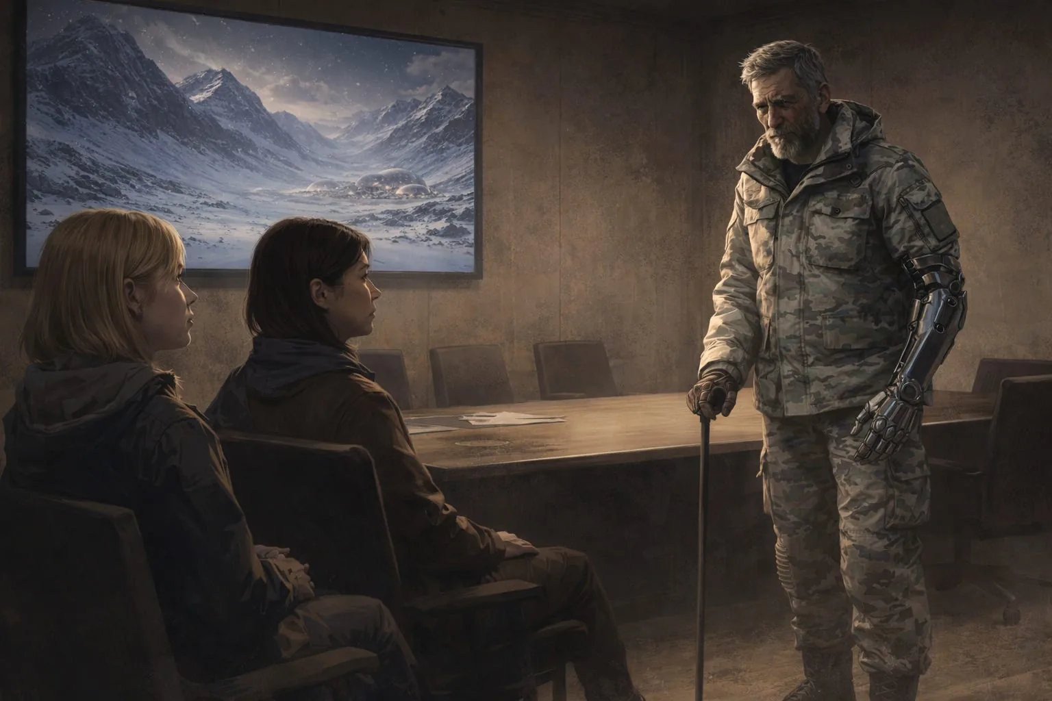Benny Blanc, older with grey hair and a cybernetic arm, standing before a seated Alex Dandridge and Riley Chen in a briefing room, a screen behind him showing the Hyperborea valley