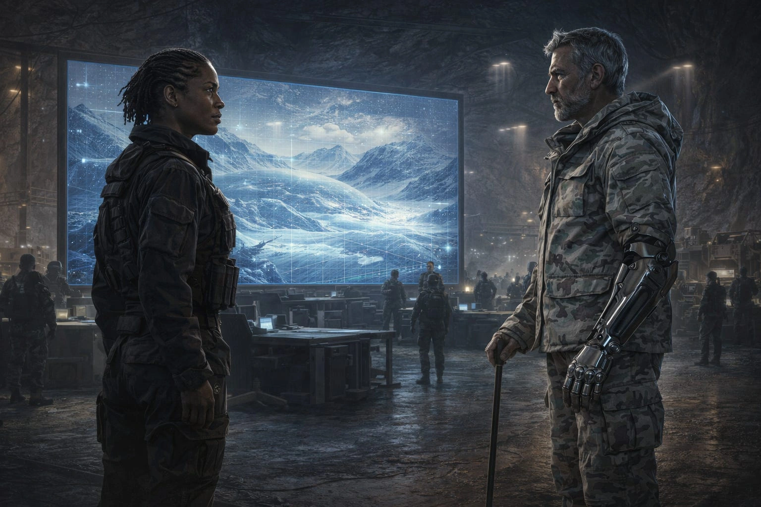Benny Blanc and Commander Madge McCreary facing each other in a military staging hangar, a holographic map of the Arctic valley displayed behind them