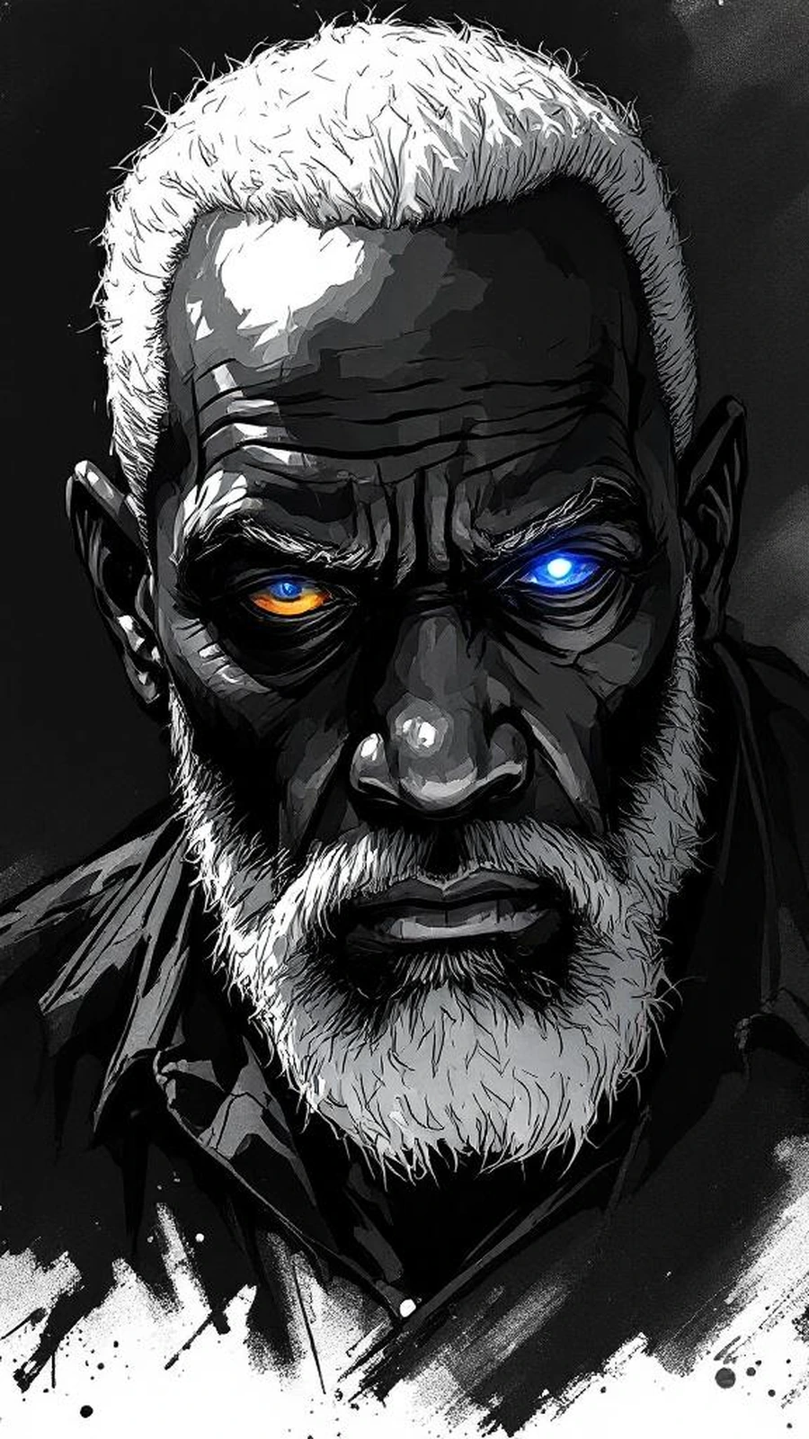 Reverend Dr. Solomon Burke Jr., an older man with white hair and beard, one eye glowing blue and the other amber