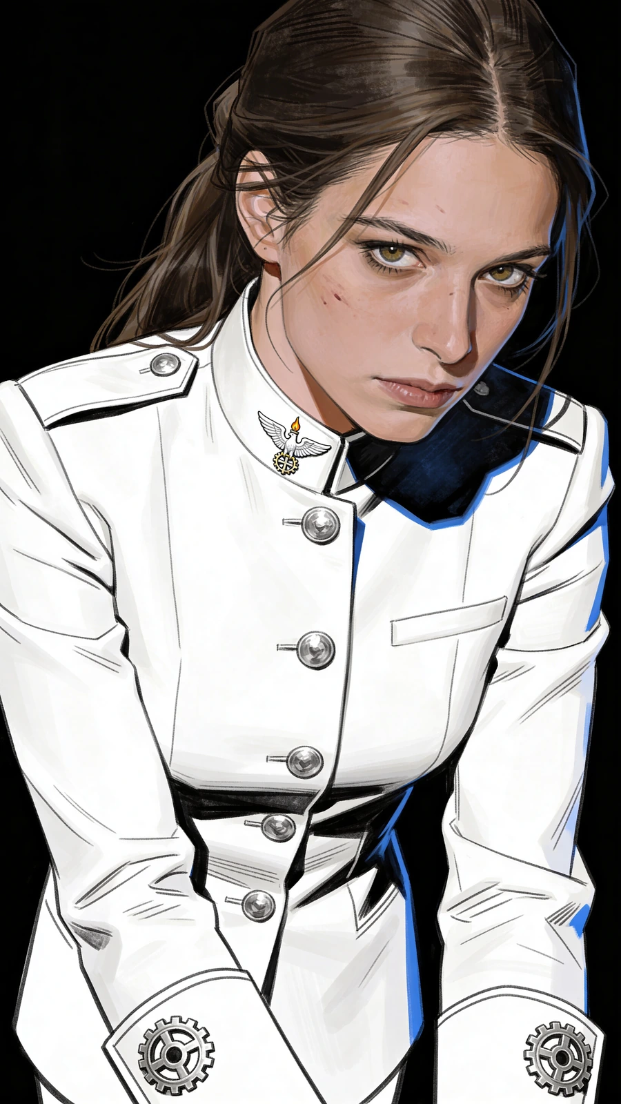 Dahlia Strangelove in Weissadler dress uniform, white with a torch-and-gear insignia at the collar, looking down at the camera