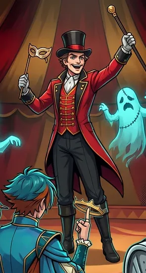The Barnum Imperator mid-flourish on the Big Top stage, mask in one hand, cane raised in the other