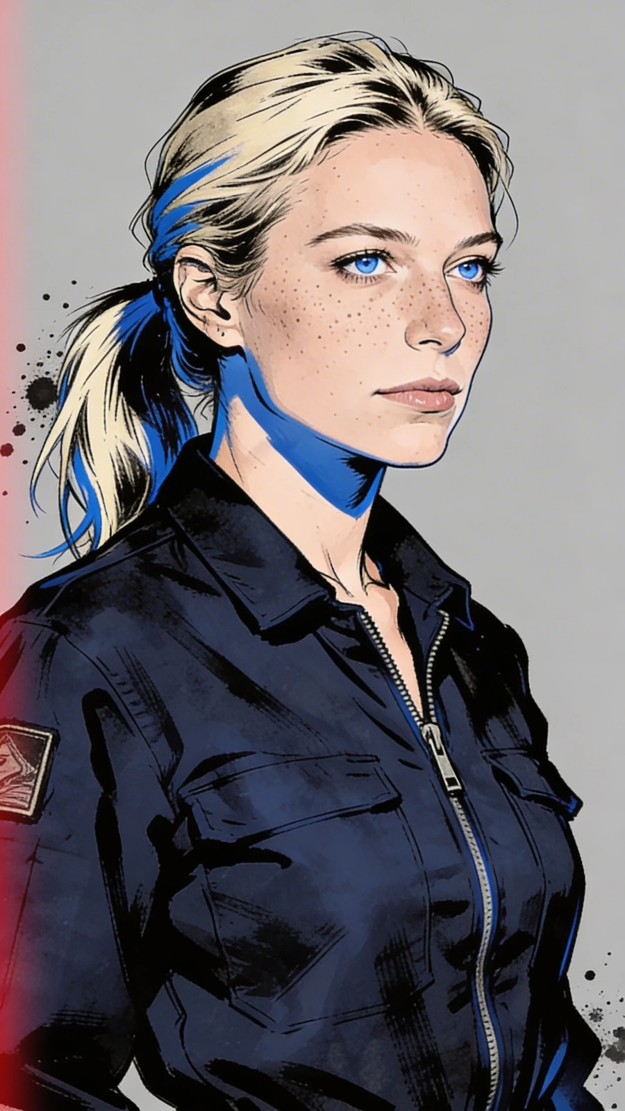Eliza, blonde hair pulled back tight, freckled, in a navy Dispatch utility jacket zipped to the throat