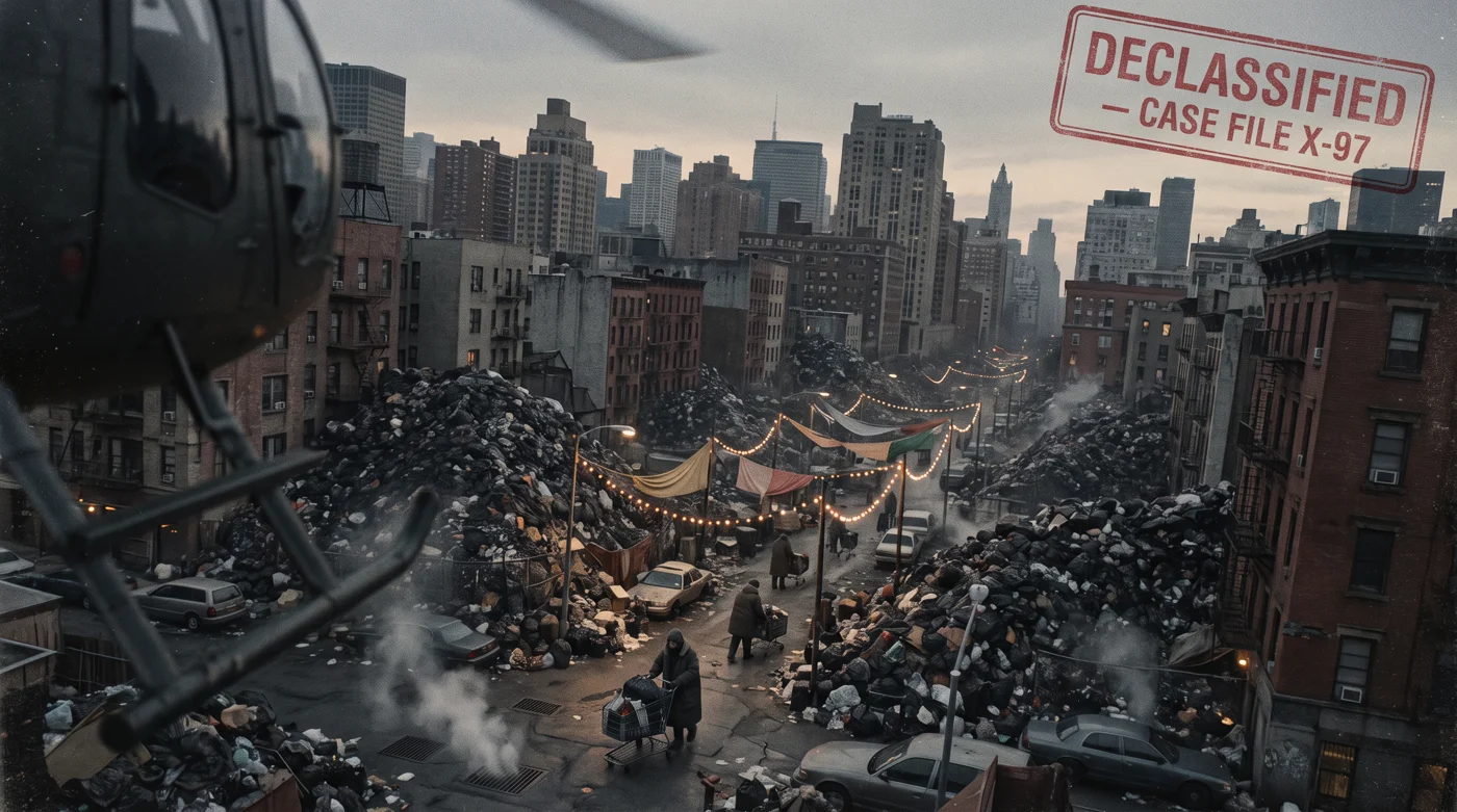 Aerial surveillance photograph of Empire City buried under mountains of garbage, footpaths cut between the mounds, string lights strung over a makeshift market, shot from inside a helicopter with the rotor and a DECLASSIFIED case-file stamp visible in frame
