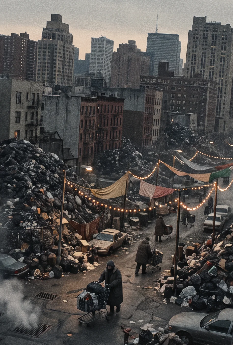 Aerial surveillance photograph of Empire City buried under mountains of garbage, footpaths cut between the mounds, string lights strung over a makeshift market