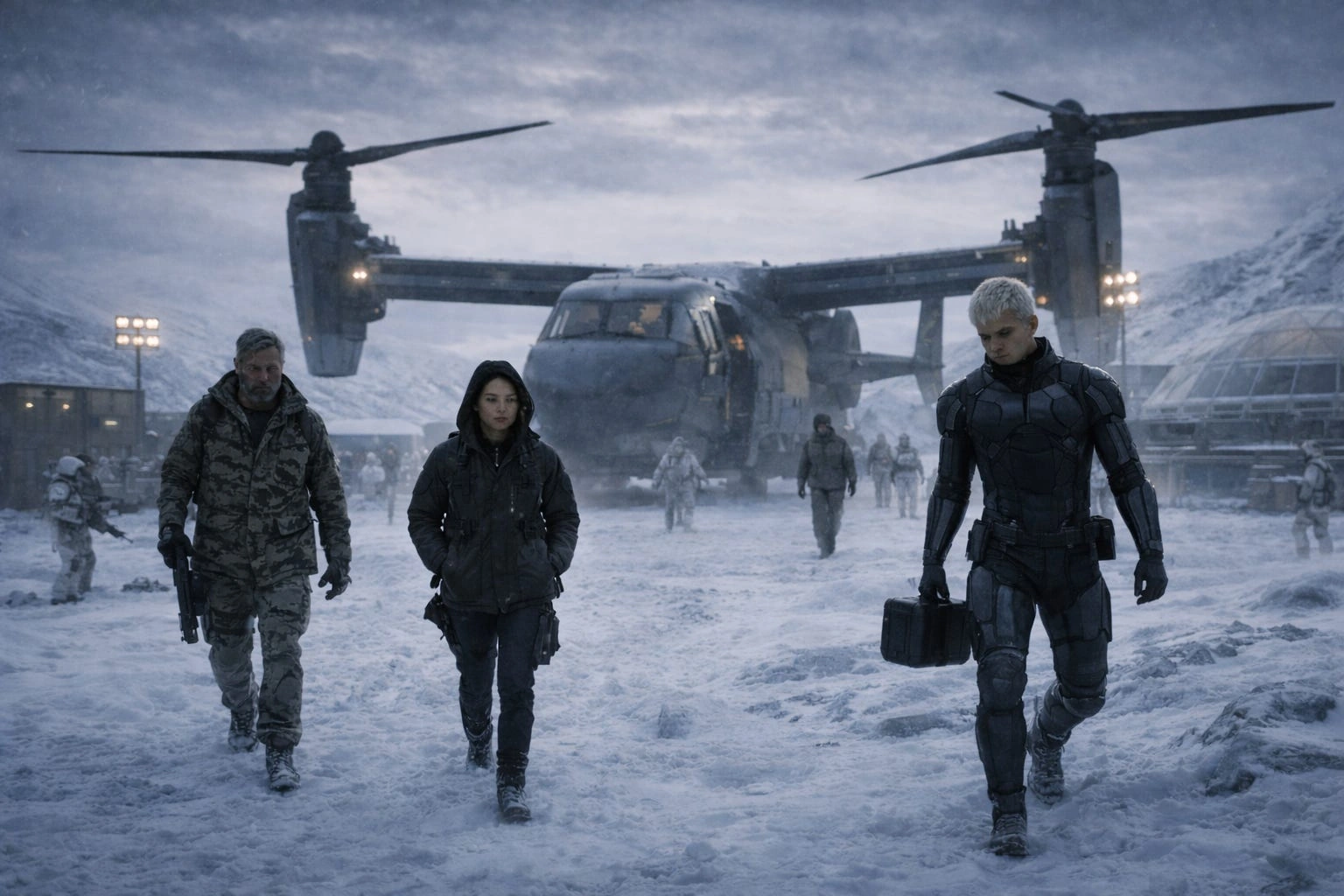 Vesper, in tactical armor, exiting a VTOL onto the snow alongside Benny Blanc and Riley Chen at the Hyperborea landing site