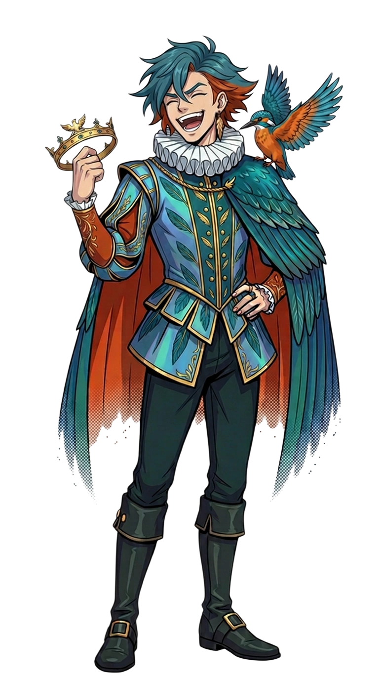 Prince Hal's in-game avatar, laughing, holding up the coronet in one hand with a kingfisher perched on his shoulder: azure-teal Elizabethan doublet, kingfisher wing-cape