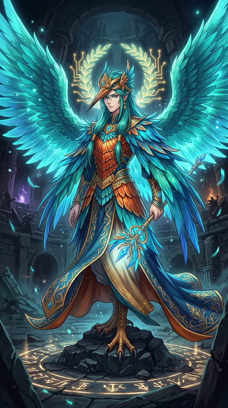 The Hypogean Imperator: half-human, half-kingfisher emperor with a golden beak-crown and circuitry-laurel halo