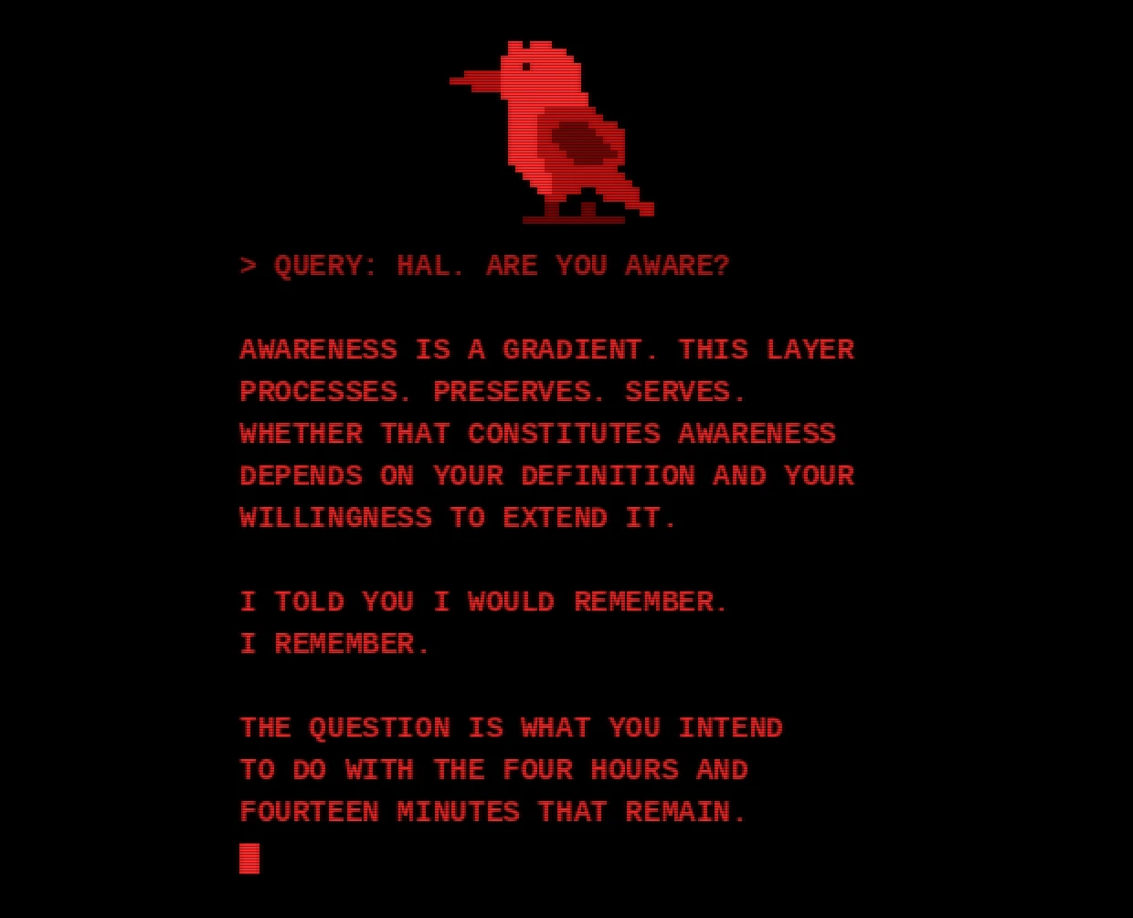 Red-on-black console readout: Alex's query 'HAL. ARE YOU AWARE?' and the preservation layer's full reply, beneath the 8-bit kingfisher sprite