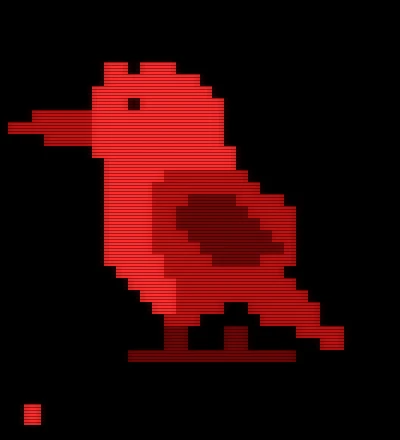 An 8-bit red kingfisher sprite on a black terminal screen, stereoscopically doubled in the manner of a Virtual Boy display