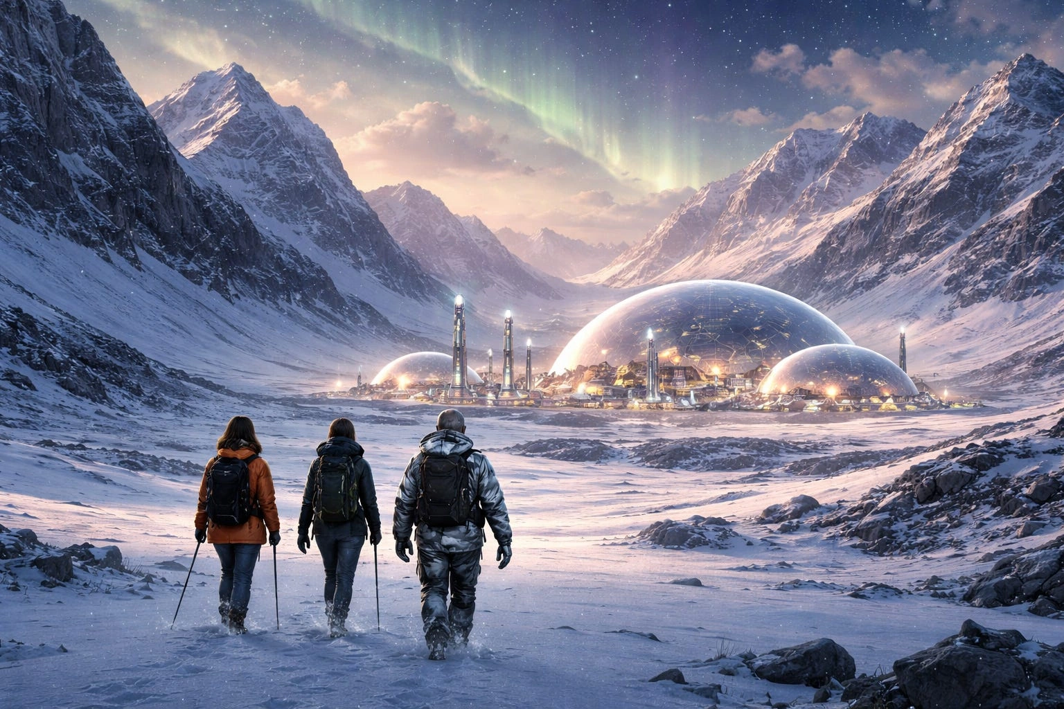 Three figures with backpacks approach the domed settlement of Hyperborea across a snowfield, aurora overhead
