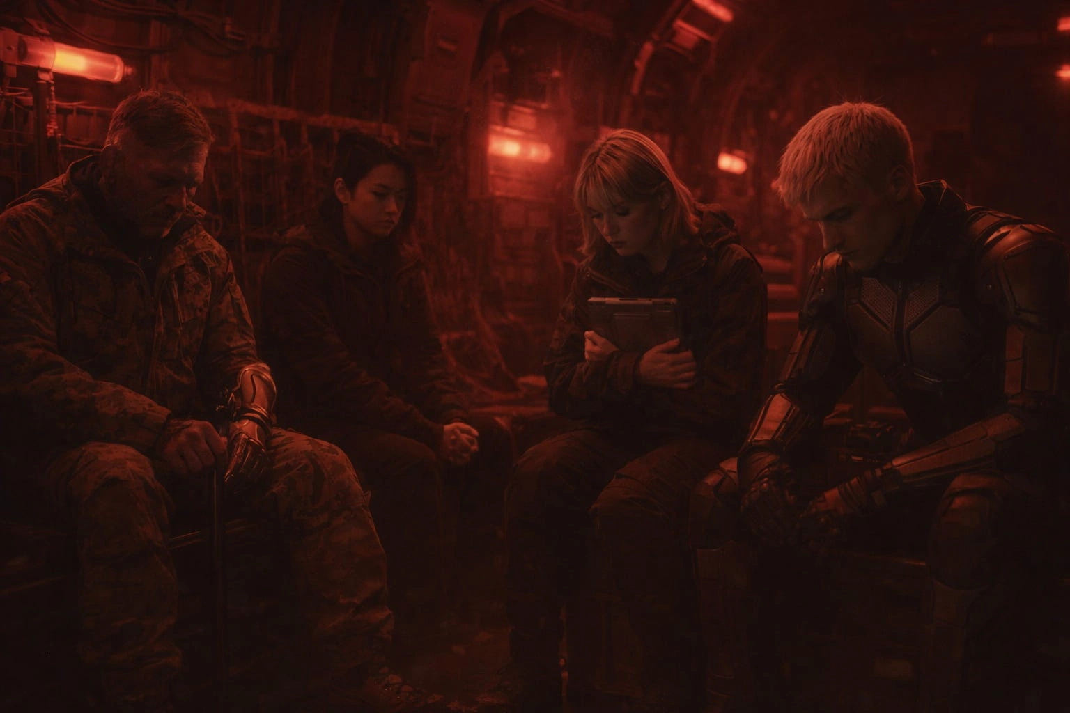 Benny Blanc, Riley Chen, Alex Dandridge, and Vesper seated inside a red-lit VTOL transport