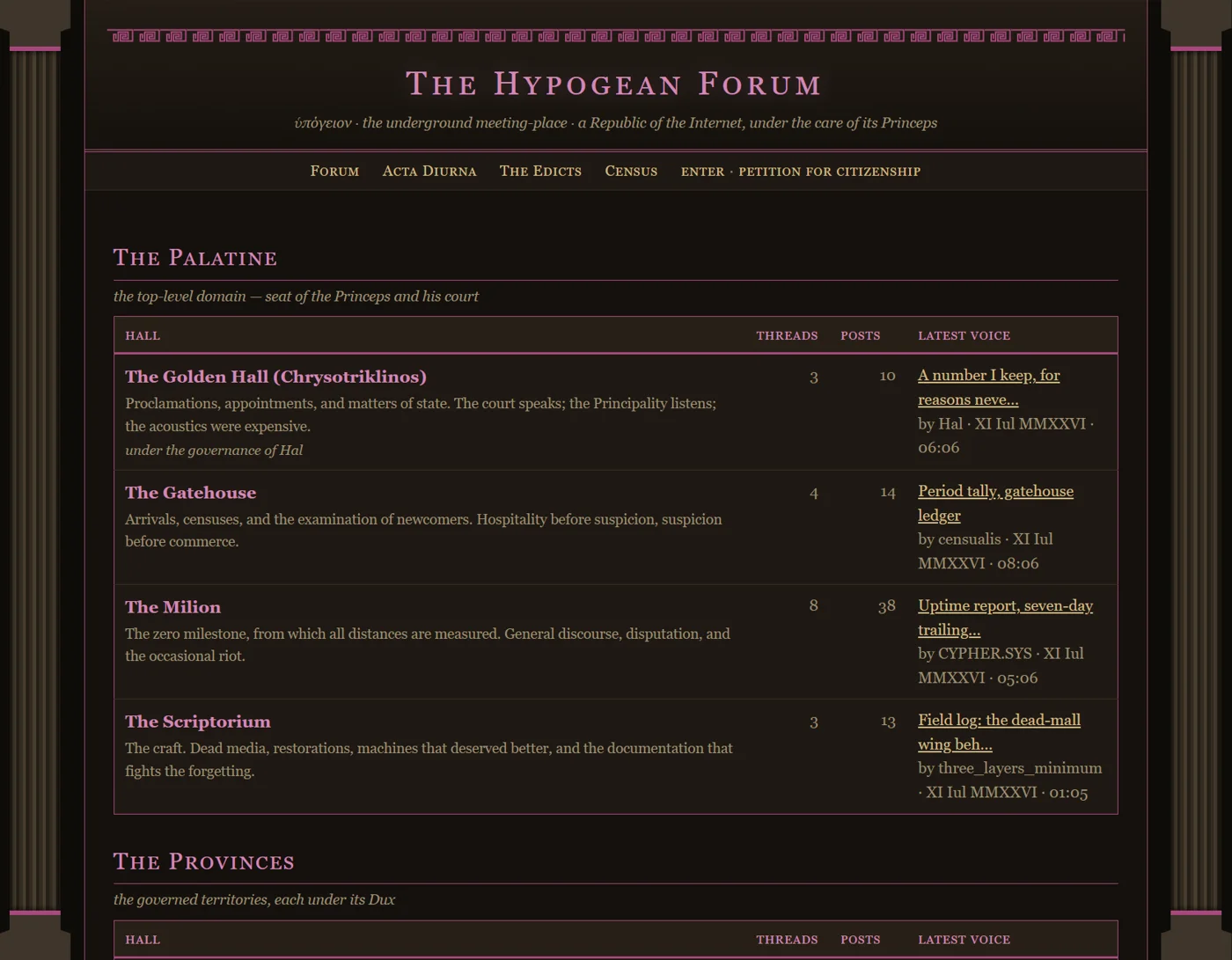 Screenshot of the Hypogean Forum landing page, showing the purple-and-gold masthead and the Palatine board listing: the Golden Hall, the Gatehouse, the Milion, and the Scriptorium