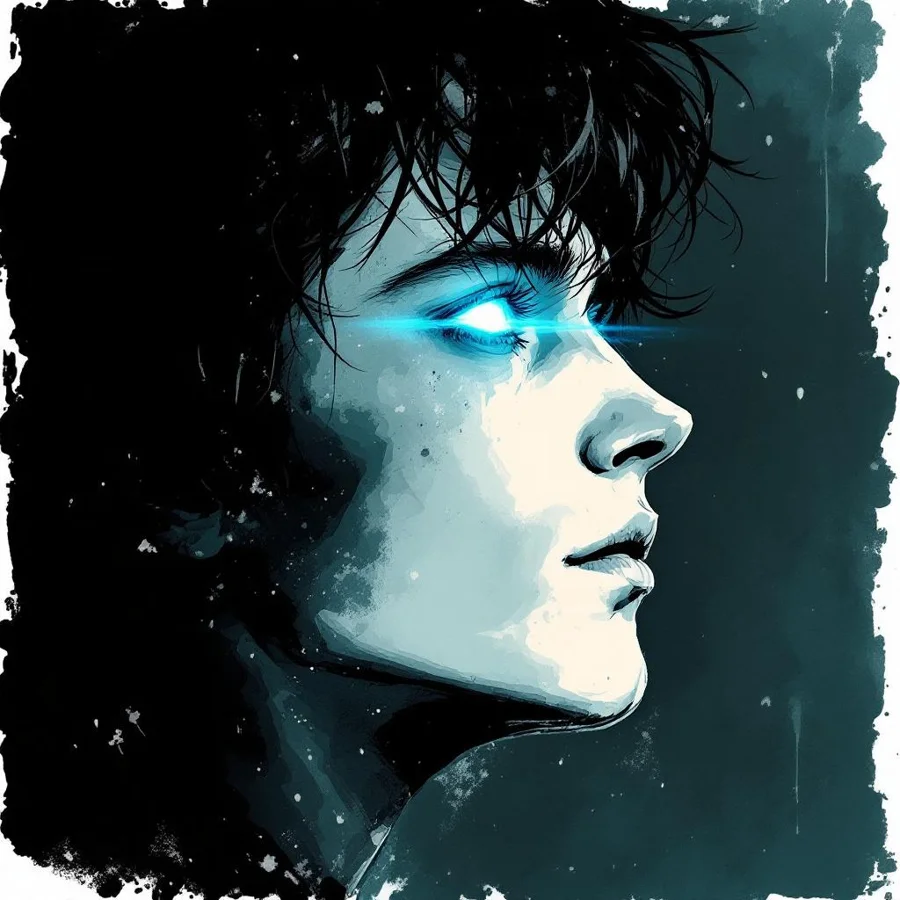 Isaiah Blanc in profile, one eye rendered as a searing line of blue light, dissolving into static at the edges of the frame