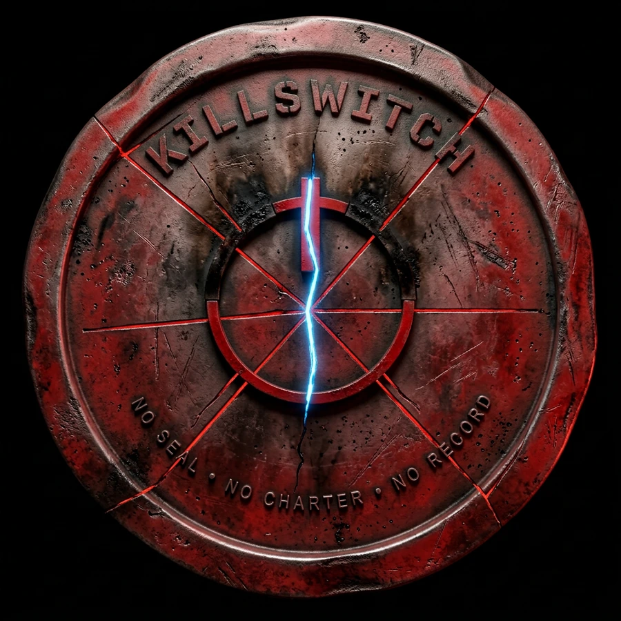 A cracked, scorched red and black seal reading KILLSWITCH, NO SEAL, NO CHARTER, NO RECORD, with a central power-switch symbol split by a jagged blue current