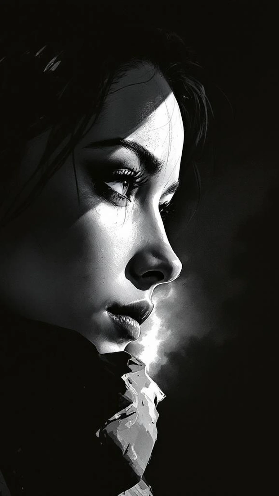 Graciela Reyes in profile, dramatic chiaroscuro lighting, dark hair, a single shaft of light across her eyes