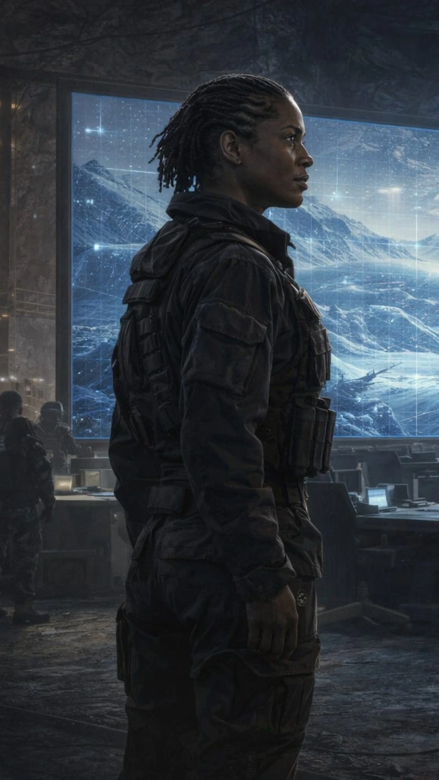 Madge McCreary in tactical fatigues, silver locs cropped close, standing in profile before a holographic map of the Arctic