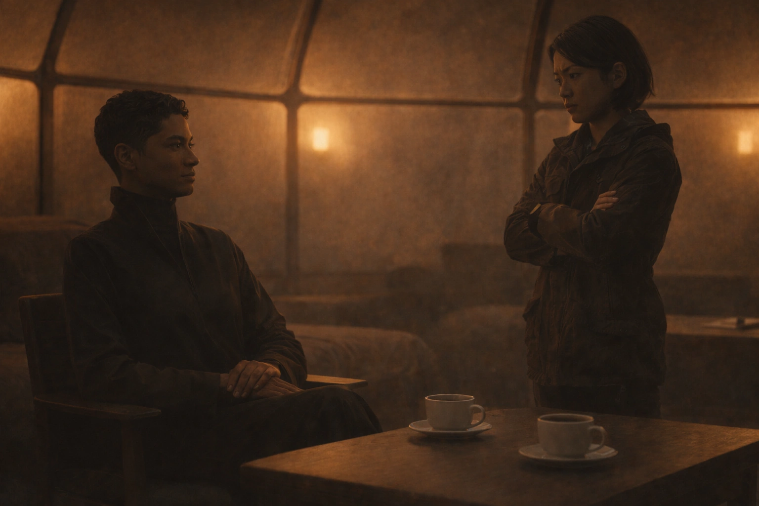 Nathan Larbi-Cross, seated, in quiet conversation with a standing, arms-crossed Riley Chen inside a Hyperborea housing dome