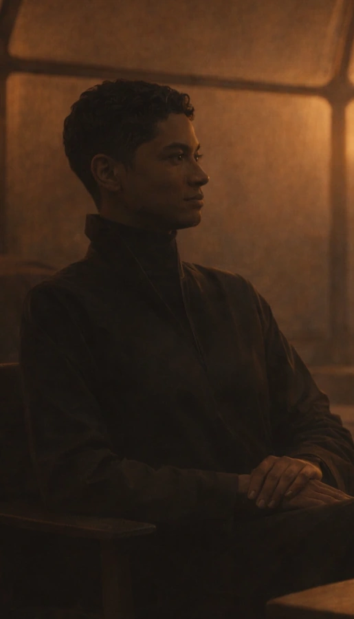Nathan Larbi-Cross, seated in profile, in quiet conversation inside a Hyperborea housing dome