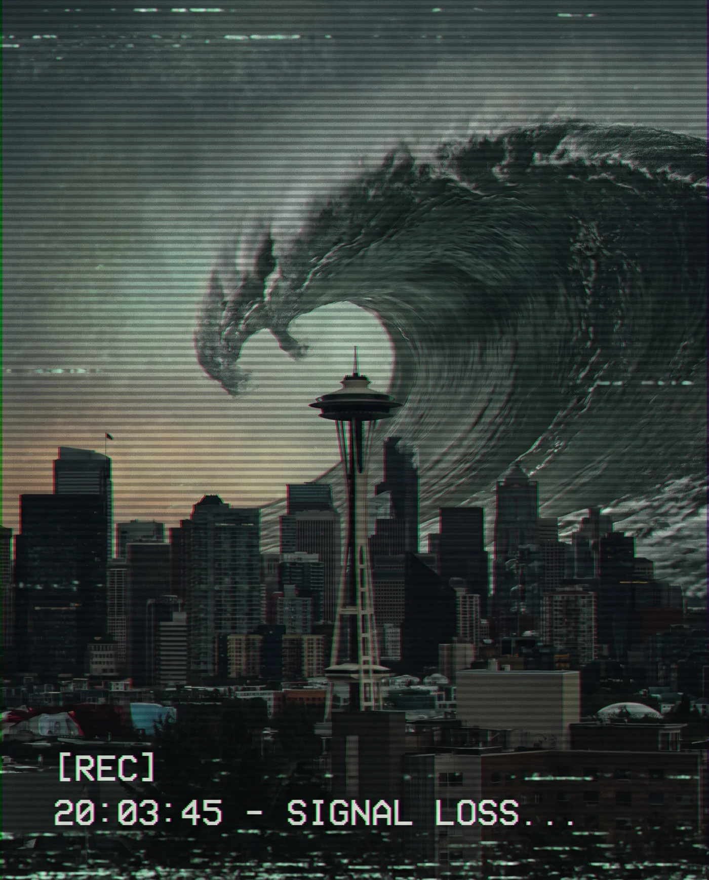 Degraded aerial found-footage still of a colossal tsunami wave crashing over the Seattle skyline and Space Needle at dusk, with video scanlines and a corrupted REC timestamp reading SIGNAL LOSS