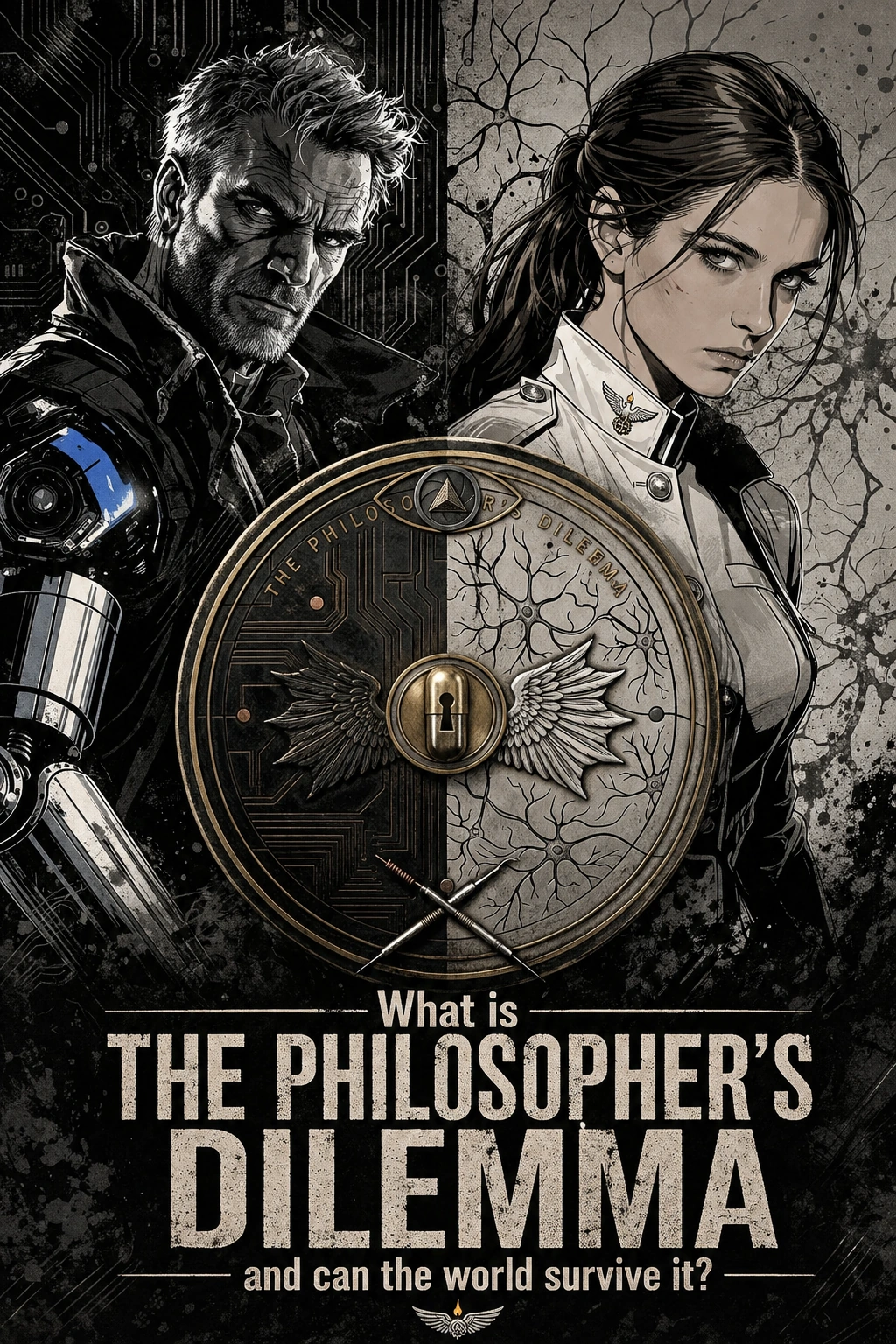 Split portrait composition: Dr. Friedrich Vogel, circuit-etched and cybernetic-armed, faces Dahlia Strangelove in Weissadler dress uniform, the two halves meeting at a sealed keyhole medallion inscribed THE PHILOSOPHER'S DILEMMA, captioned WHAT IS THE PHILOSOPHER'S DILEMMA AND CAN THE WORLD SURVIVE IT