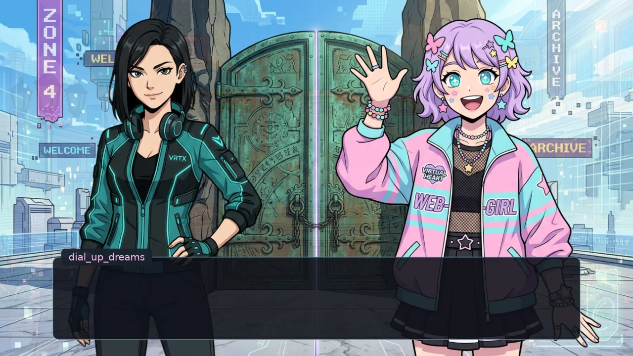 Two forum members, one in a teal cyberpunk jacket labeled VRTX and one in a pink jacket labeled WEB GIRL, standing before an ornate green door marked ZONE 4 with WELCOME and ARCHIVE banners, RPG dialogue box below reading dial_up_dreams