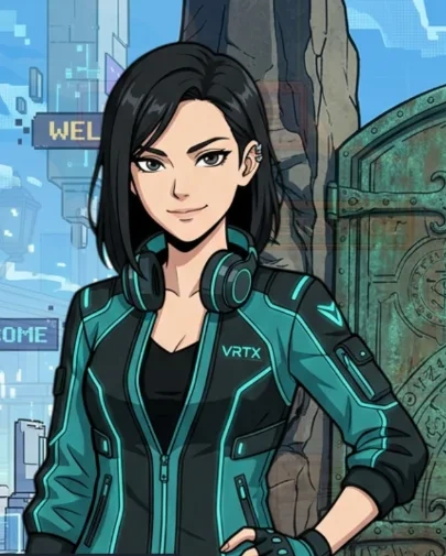 A dark-haired forum member in a teal and black cyberpunk jacket marked VRTX, standing before the Zone 4 archive gate signage and an ornate green door