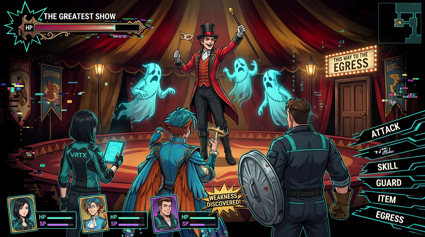 Battle screenshot from the Rogue Domain RPG: the party faces the Barnum Imperator in the Big Top of the American Museum