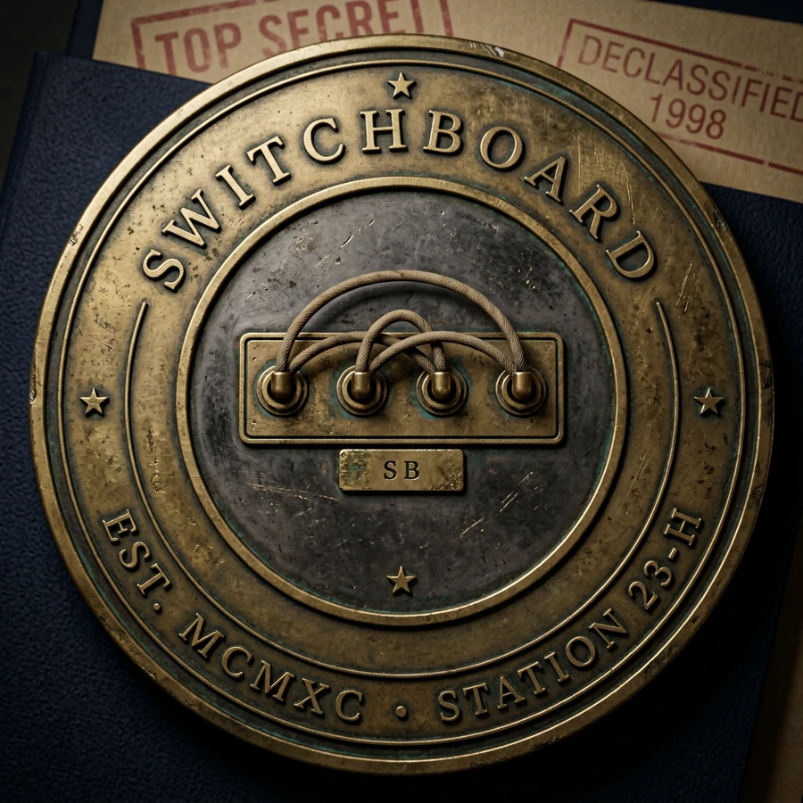 A tarnished brass seal reading SWITCHBOARD, EST. MCMXC, STATION 23-H, with a central telephone patch-panel motif, resting atop declassified TOP SECRET documents