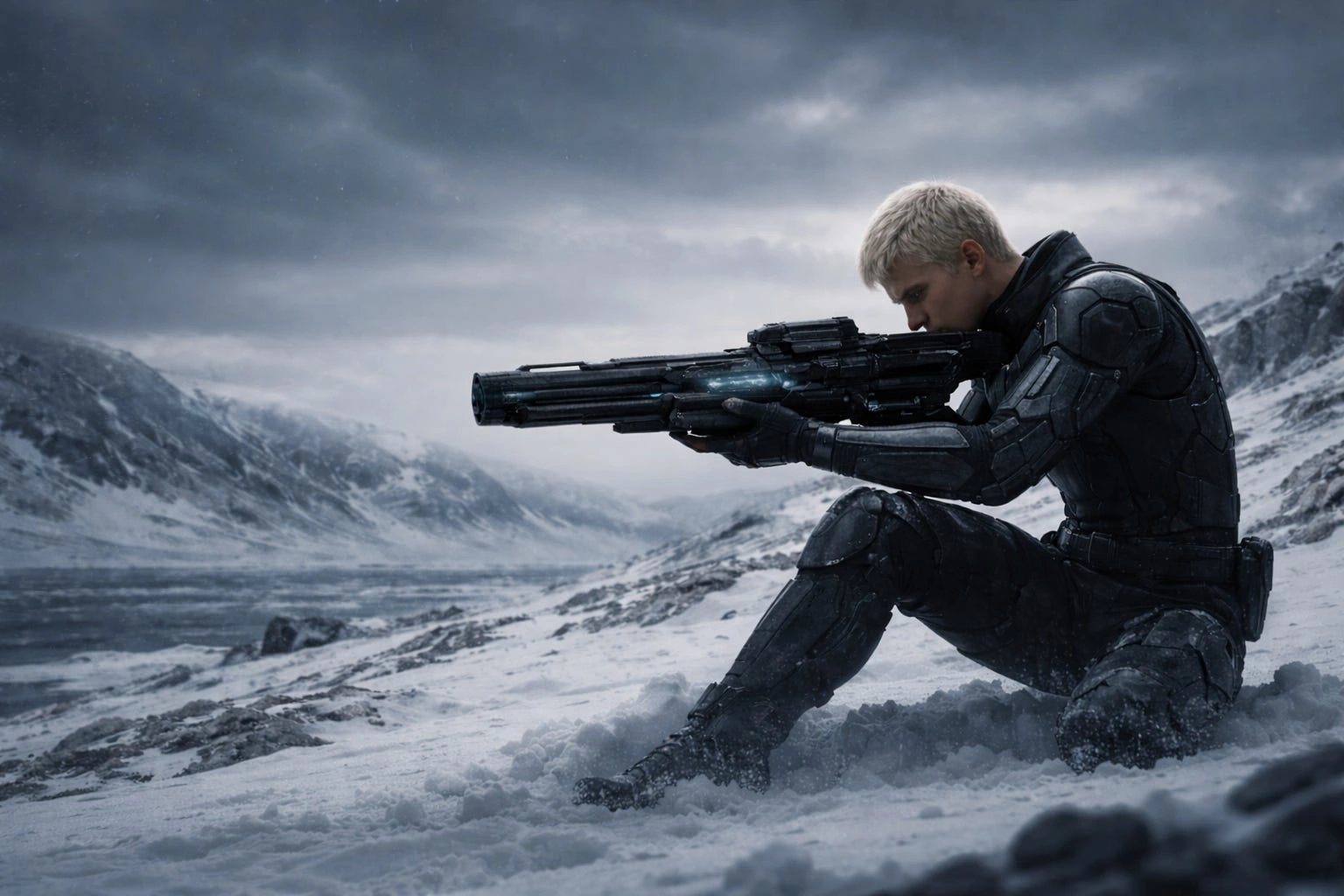 Vesper kneeling in a snowy mountain pass, firing the MPAS heavy weapon
