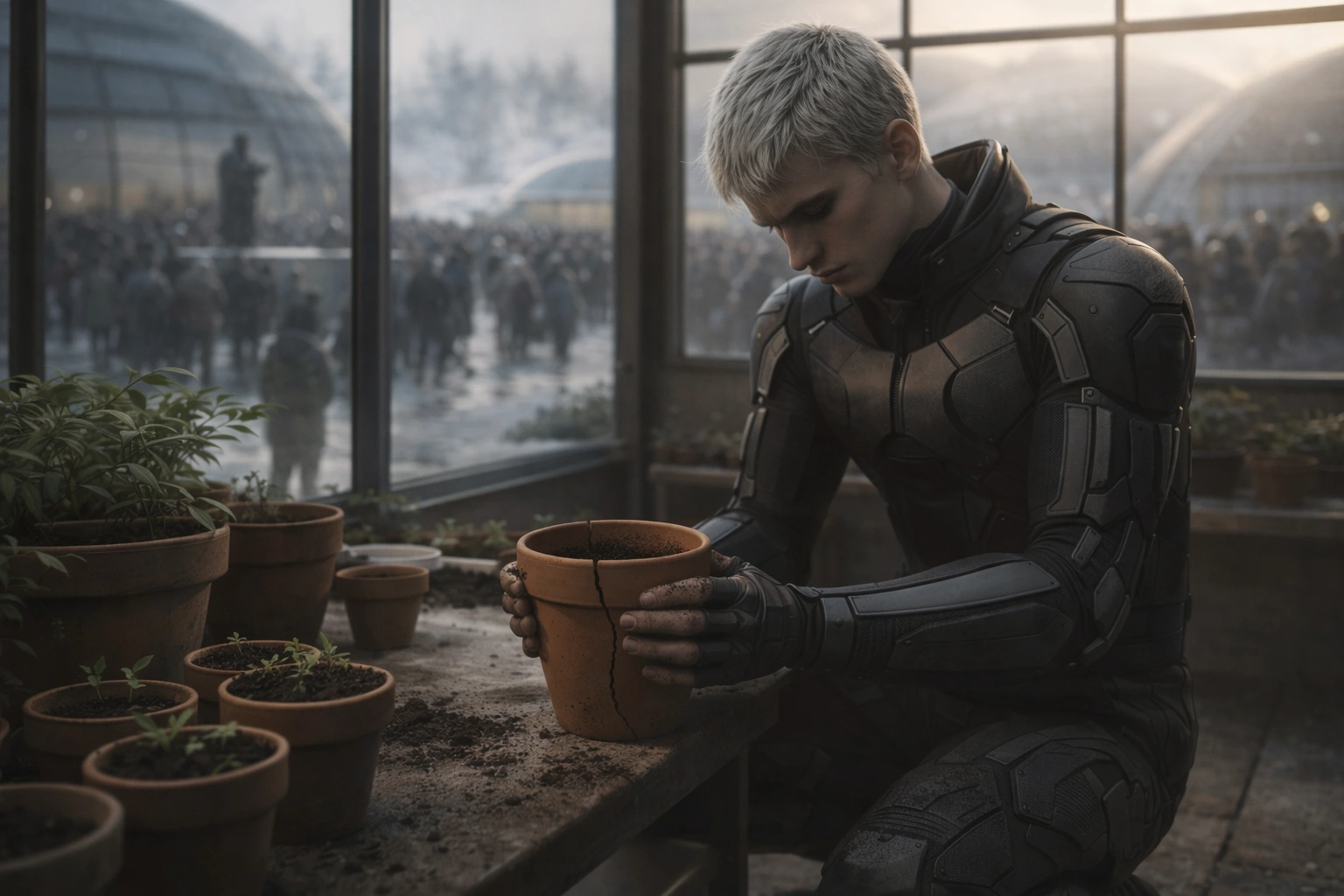 Vesper, in tactical armor, gently cradling a cracked terracotta plant pot in the Hyperborea greenhouse