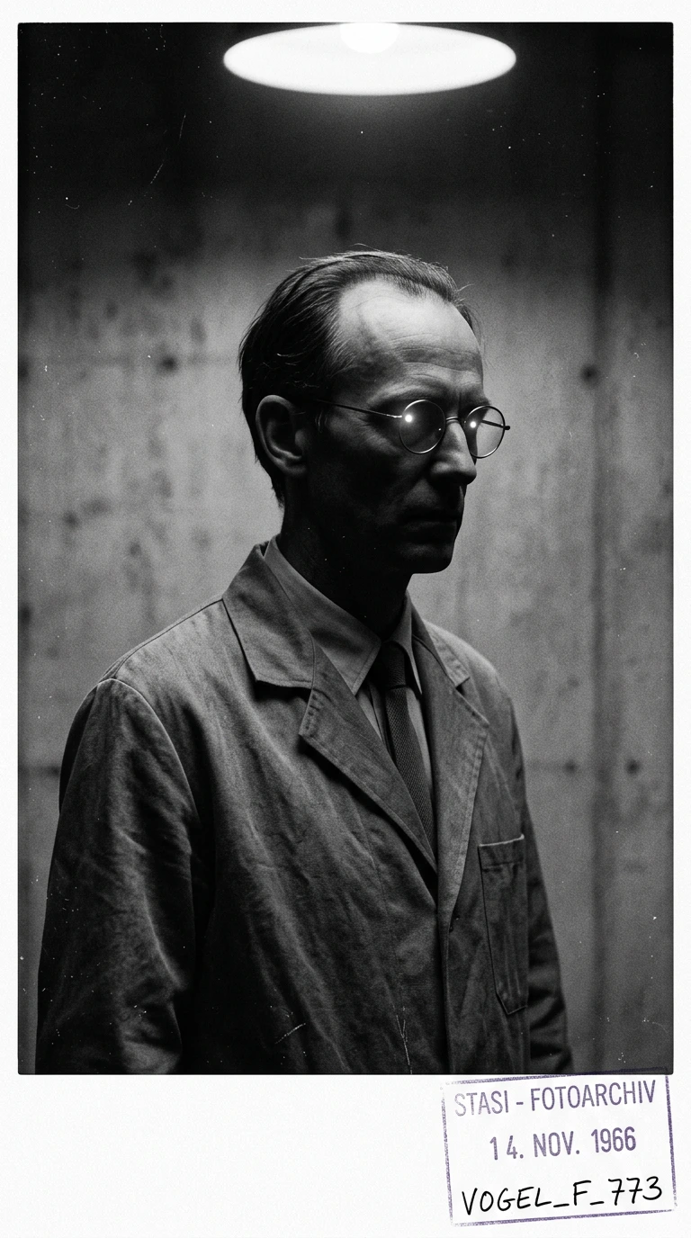 A grainy black-and-white Cold War-era dossier photograph of Dr. Friedrich Vogel in profile, his face largely lost in shadow beneath a bare overhead bulb, his round spectacles catching a sharp glint of light