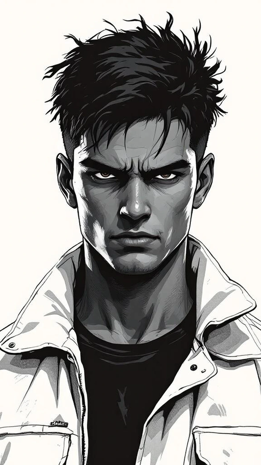Travis Whitfield, close-cropped young-adult hairstyle worn despite his age, dressed in a hoodie-jacket over a dark shirt, glaring